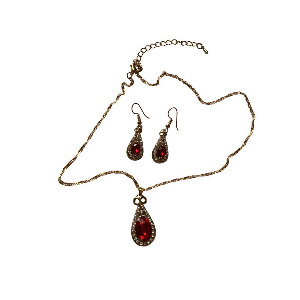 4399 NIP 17KM JEWELRY 3 Pc. Red Cubic Zirconia Luxury Vintage Silvertone Set